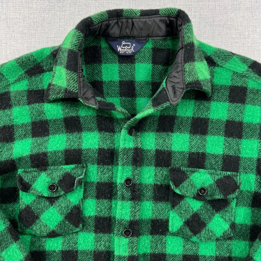 VTG 80s Woolrich Wool Flannel Shirt Men L Green Black Buffalo Plaid CPO Shacket